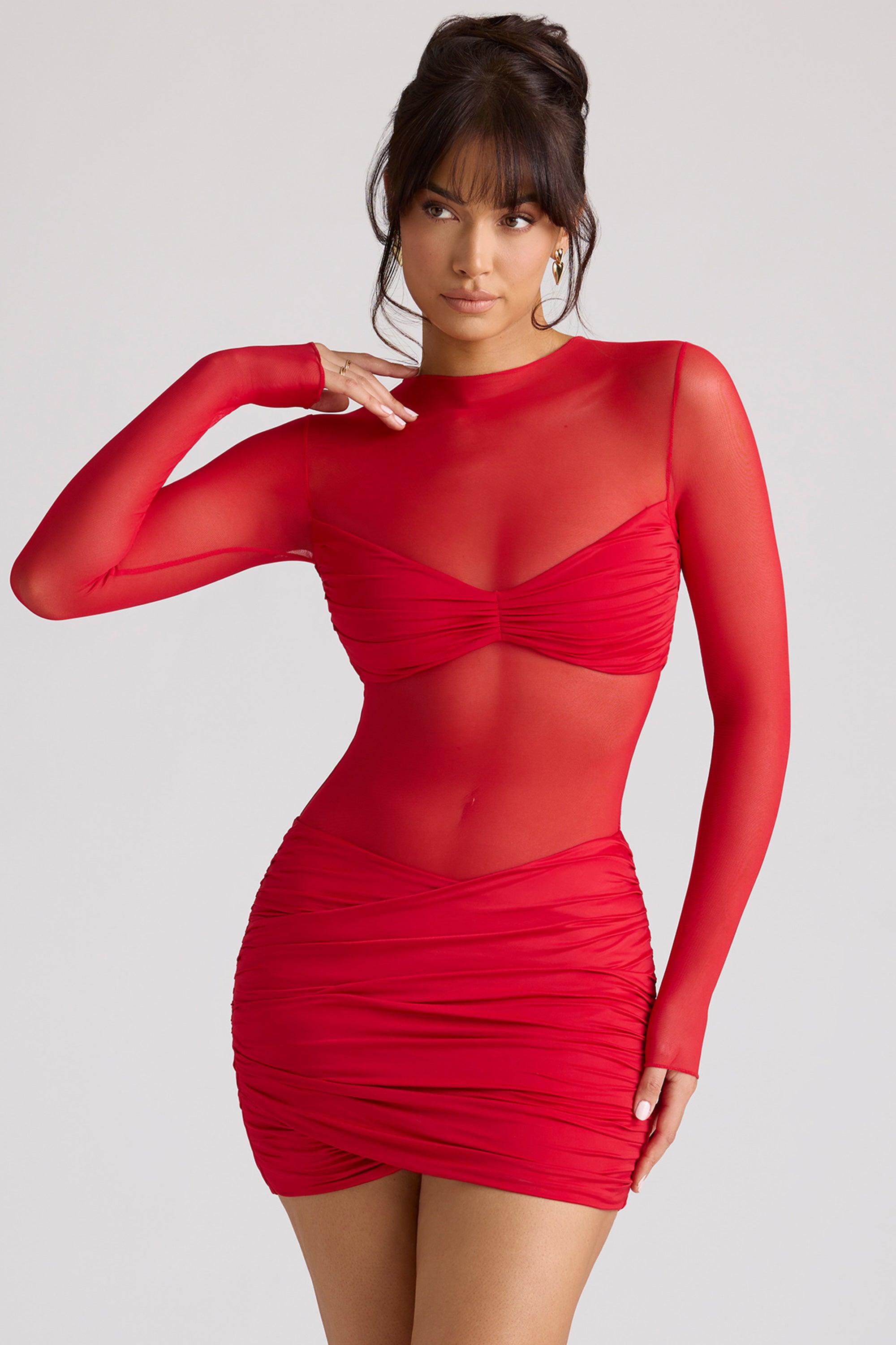 Sheer Panelled Long Sleeve Mini Dress in Fire Red