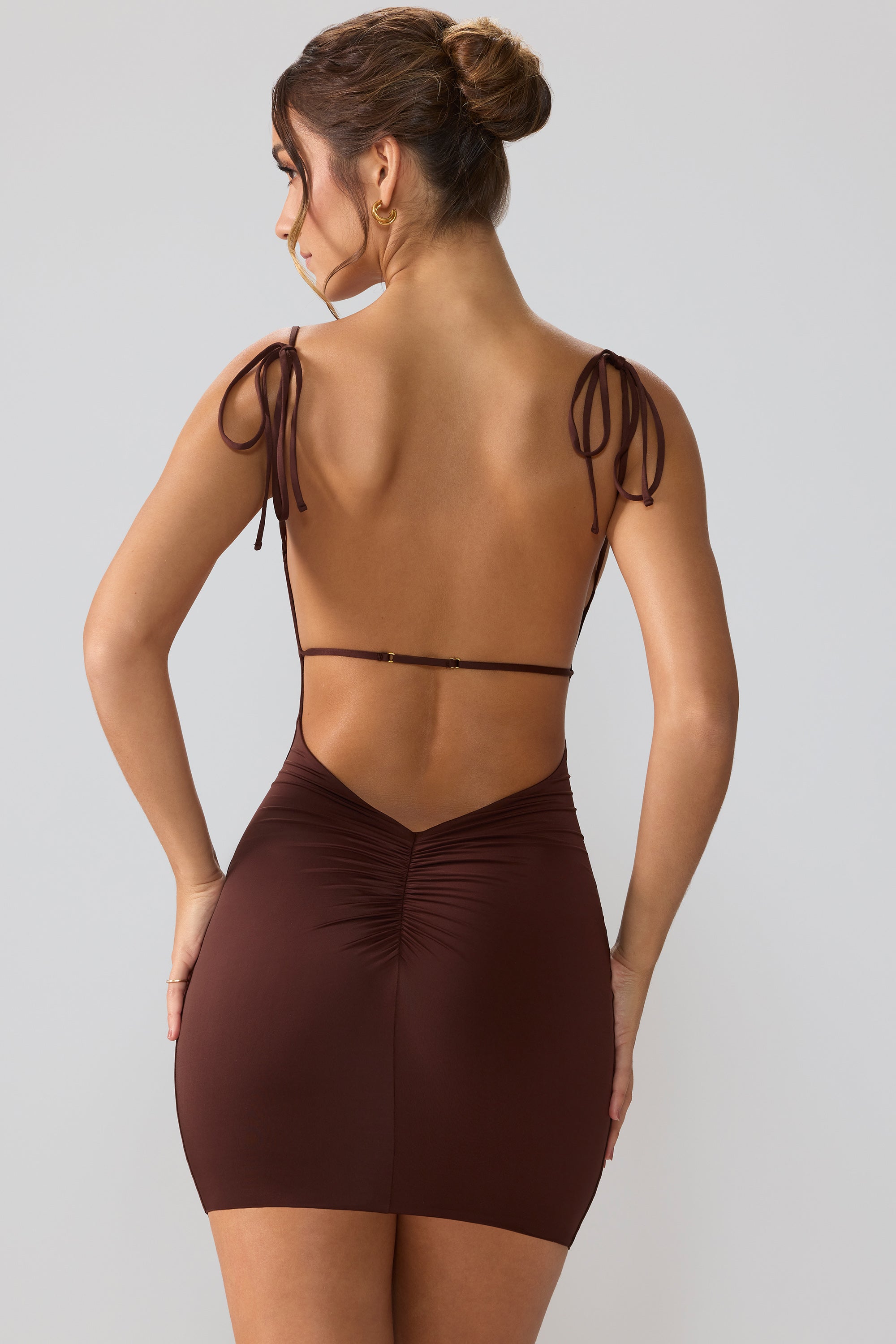 Slinky Jersey Open Back Mini Dress in Espresso