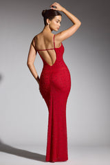 Embellished Plunge Neck Evening Gown in Red