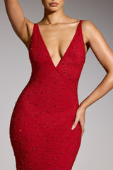 Embellished Plunge Neck Evening Gown in Red