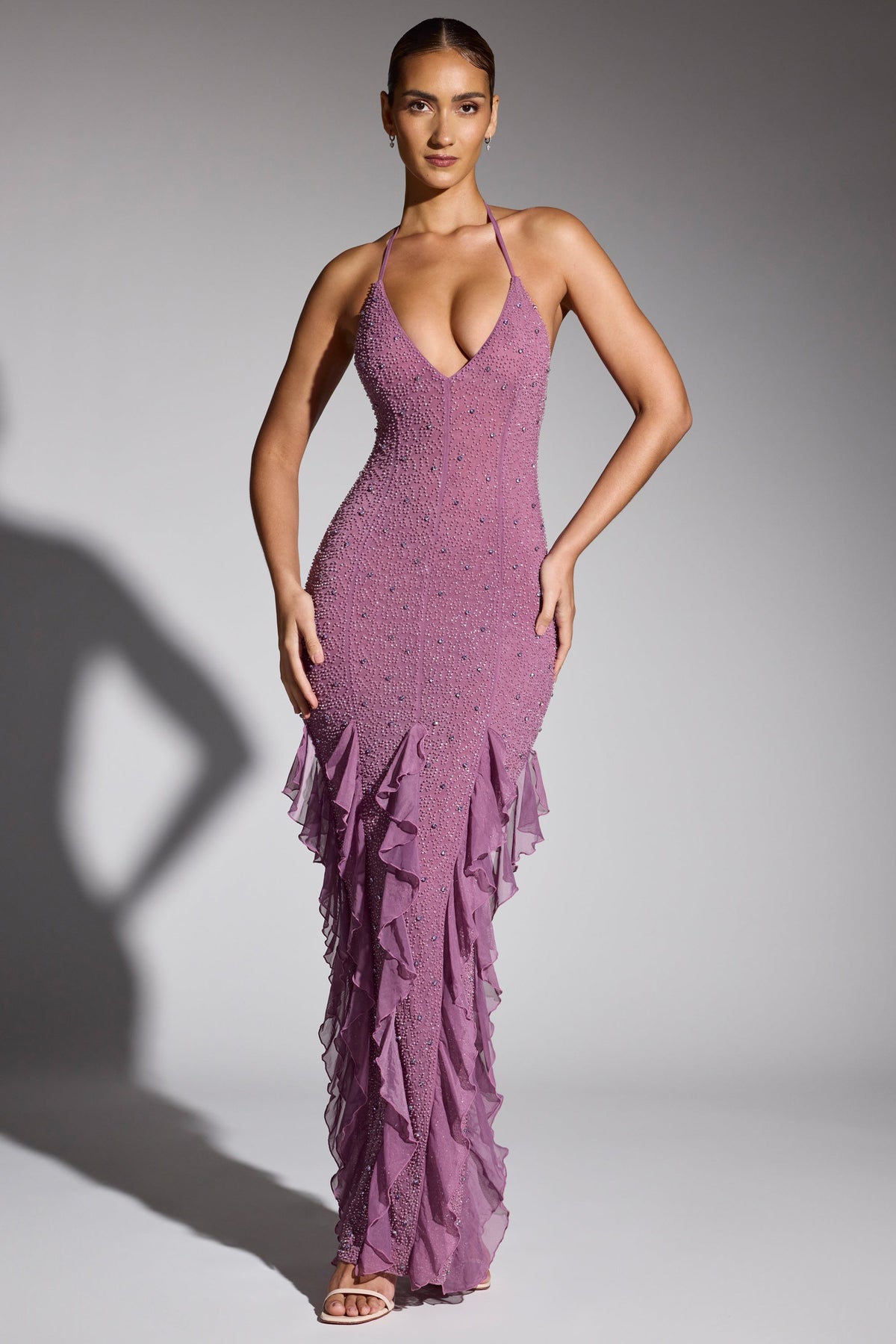 Embellished Halter Neck Ruffle Maxi Dress in Grape