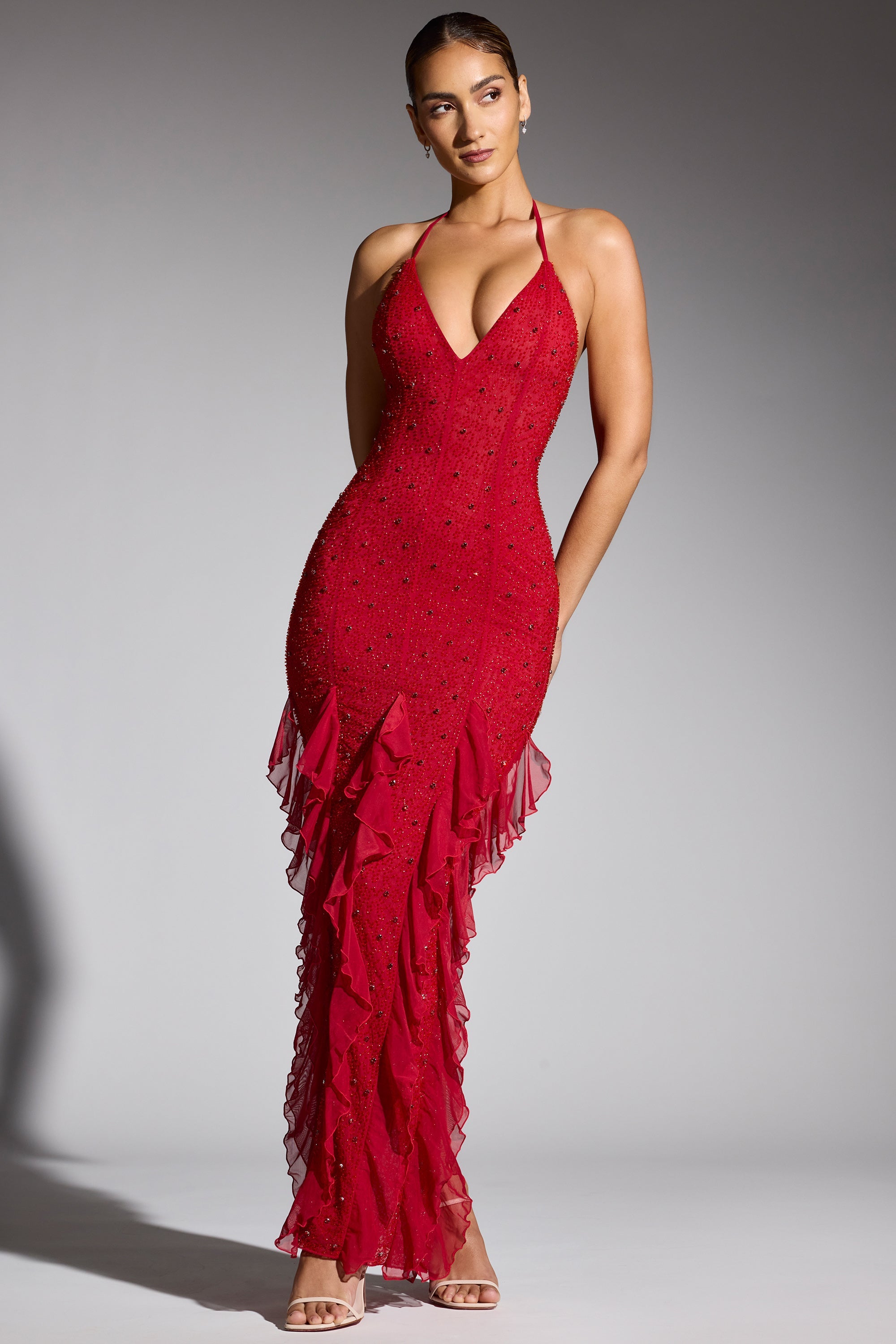 Embellished Halter Neck Ruffle Maxi Dress in Red