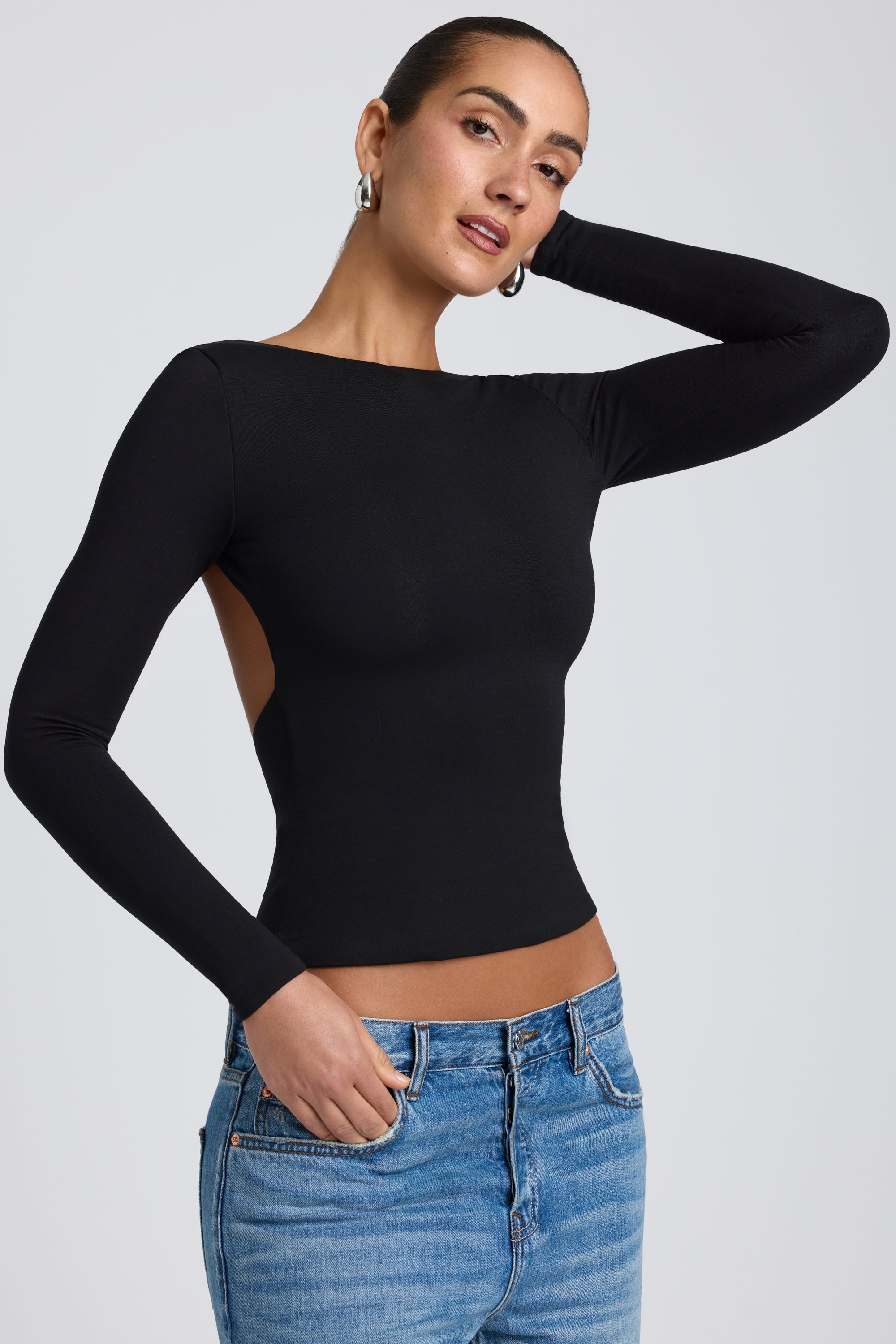 Modal High Neck Long Sleeve Open Back Top in Black