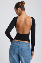 Modal High Neck Long Sleeve Open Back Top in Black