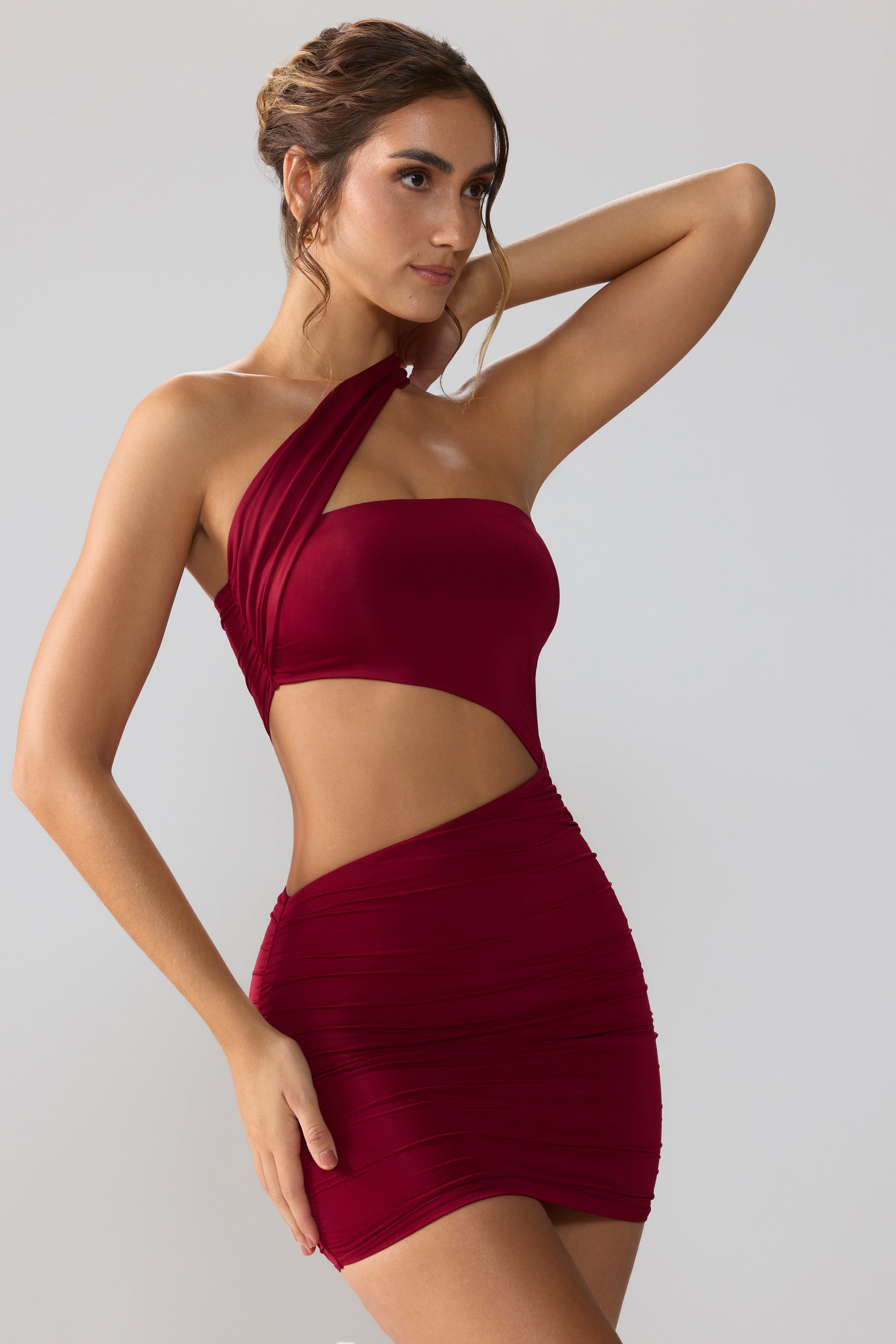 Slinky Jersey Ruched Cut Out Mini Dress in Ruby