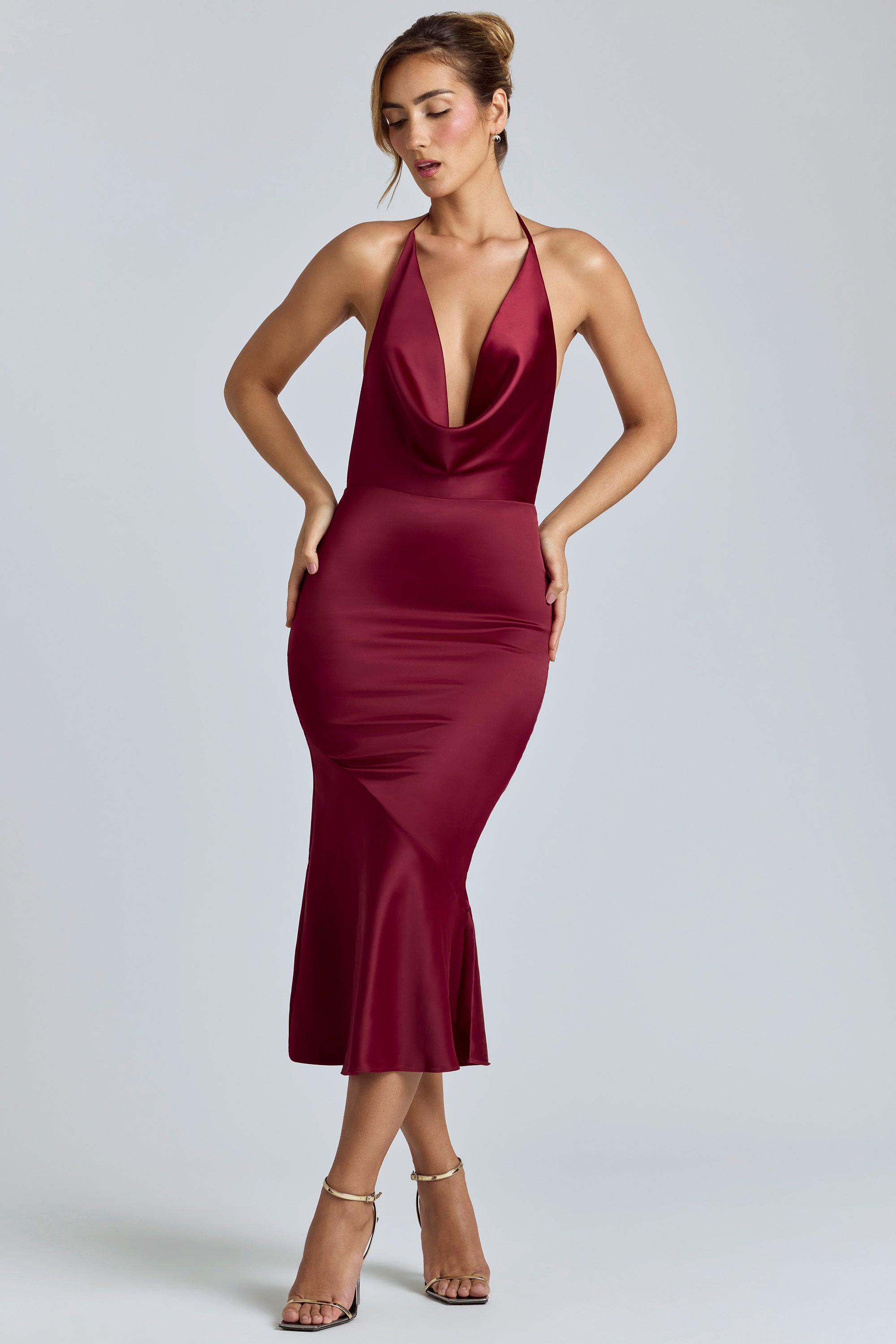 Cowl-Neck Satin Midaxi Dress in Burgundy