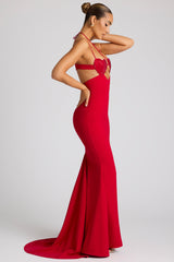 Embellished Heart Cup Detail Evening Gown in Fire Red