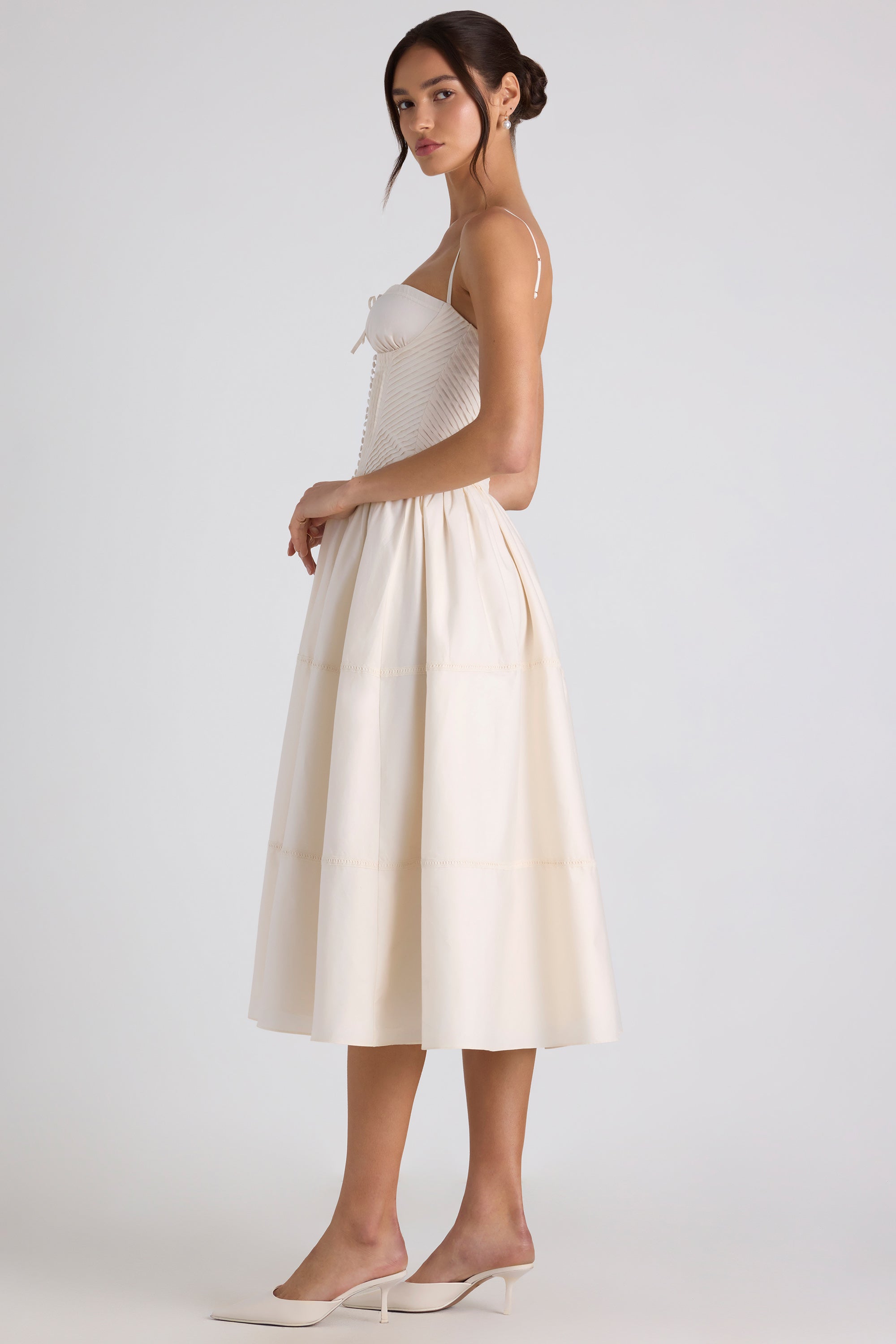 Lace-Trim Pintucked Poplin Midaxi Dress in Ivory