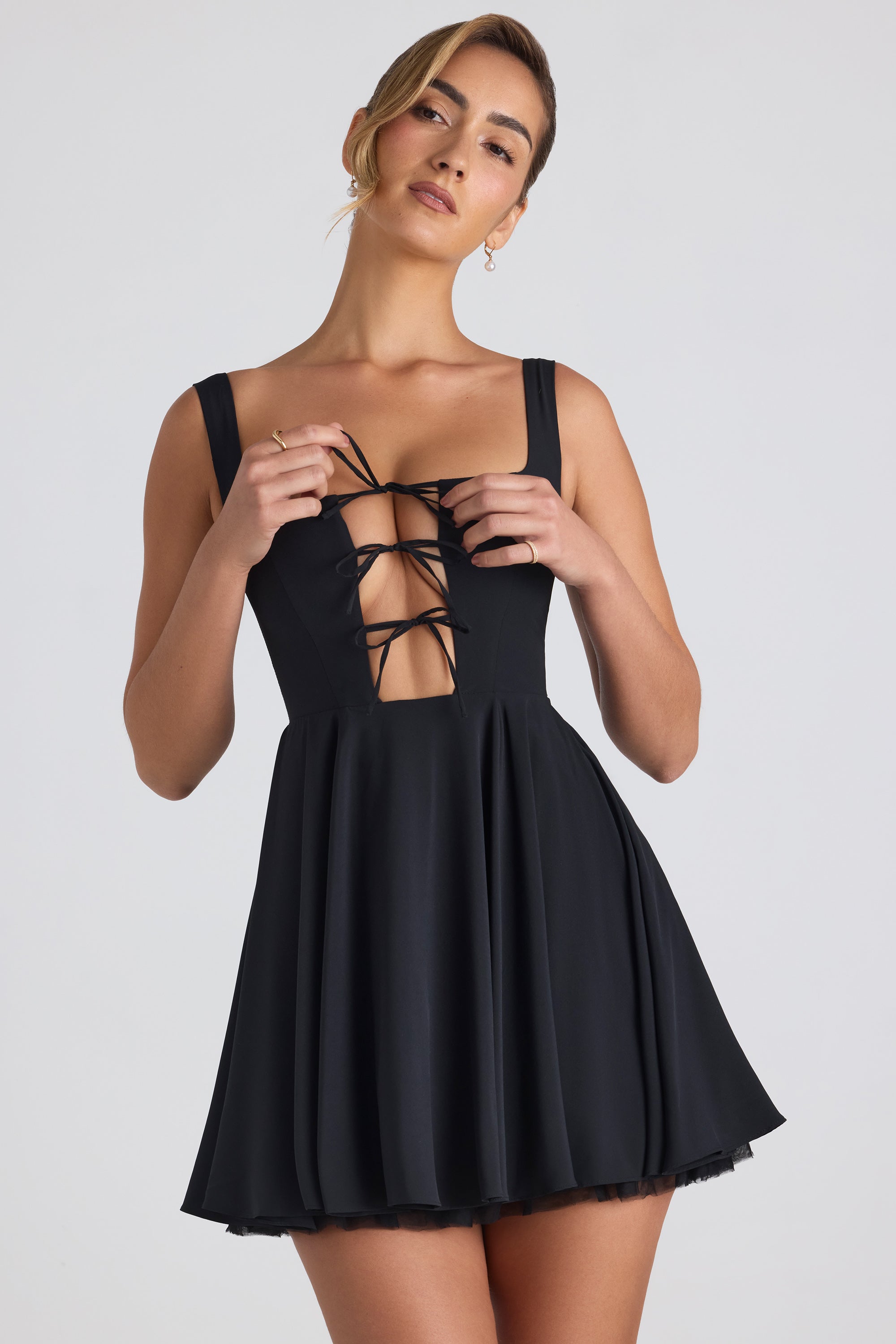 Tie-Detail A-Line Micro Mini Dress in Black