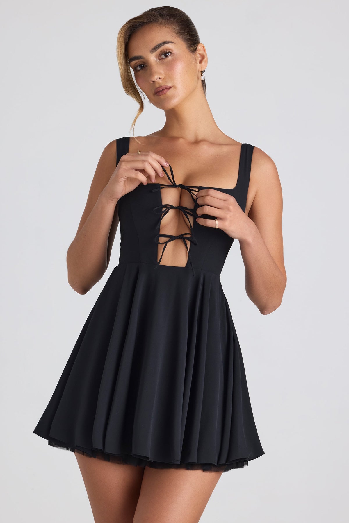 Tie-Detail A-Line Micro Mini Dress in Black