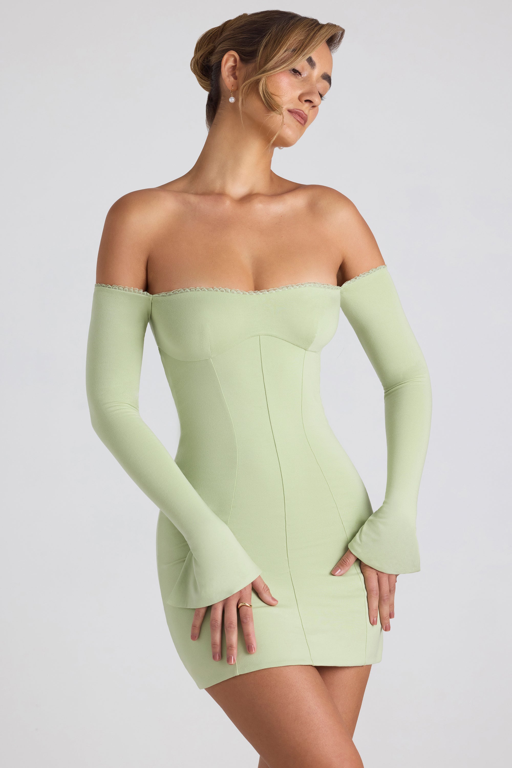 Modal Off-Shoulder Lace-Trim Mini Dress in Spring Green