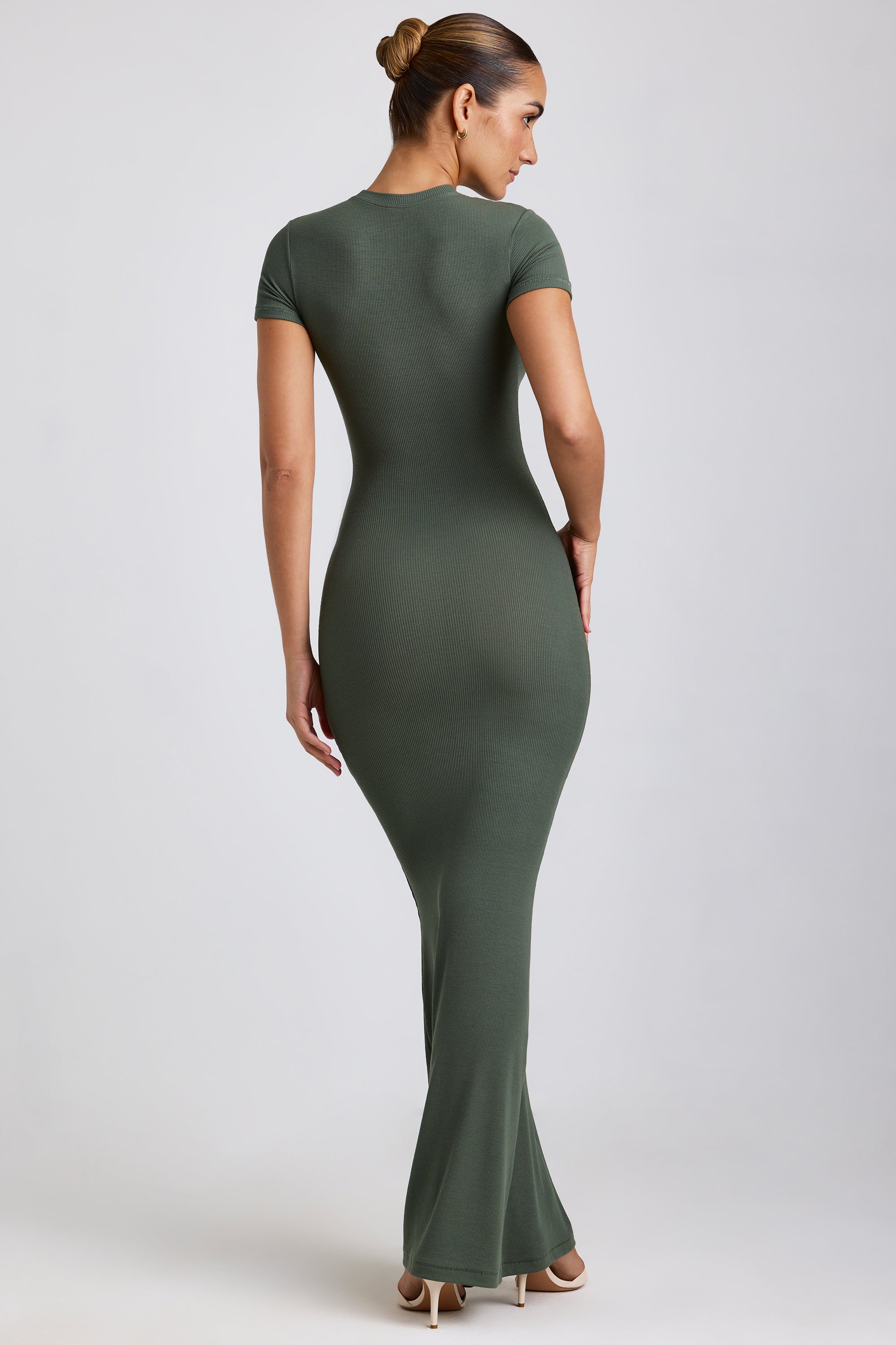 Ribbed Modal Maxi Dress in Khaki Green