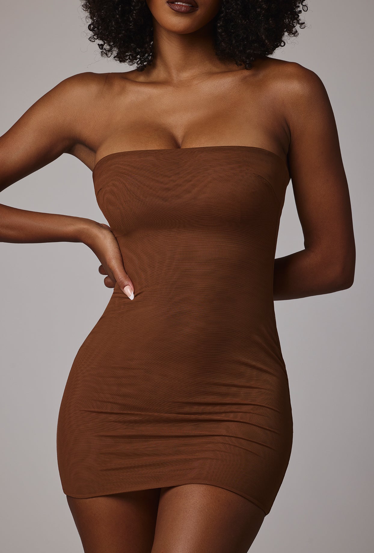 Soft Mesh Mini Slip Dress in Mocha