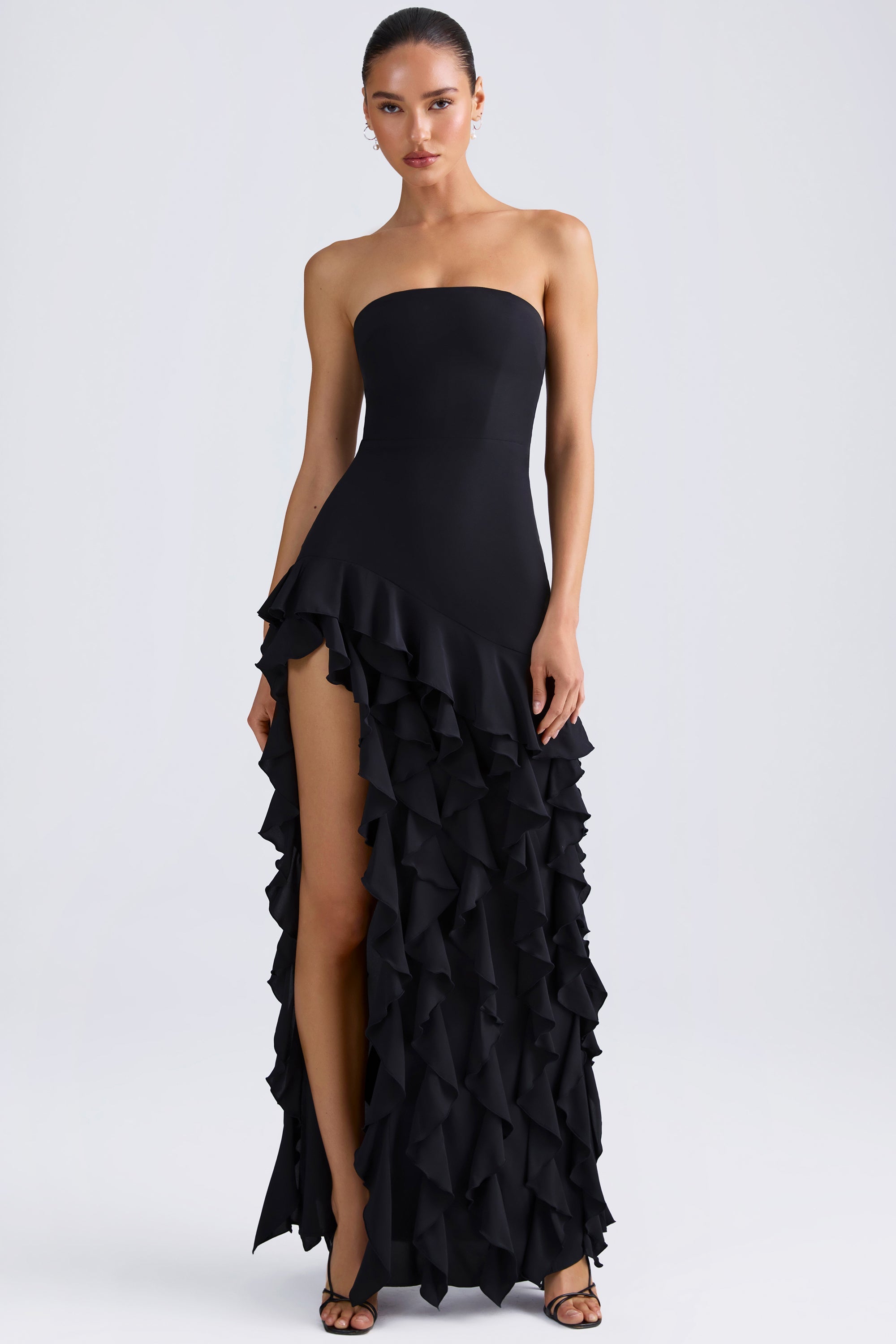 Ruffle-Trim Strapless Gown in Black