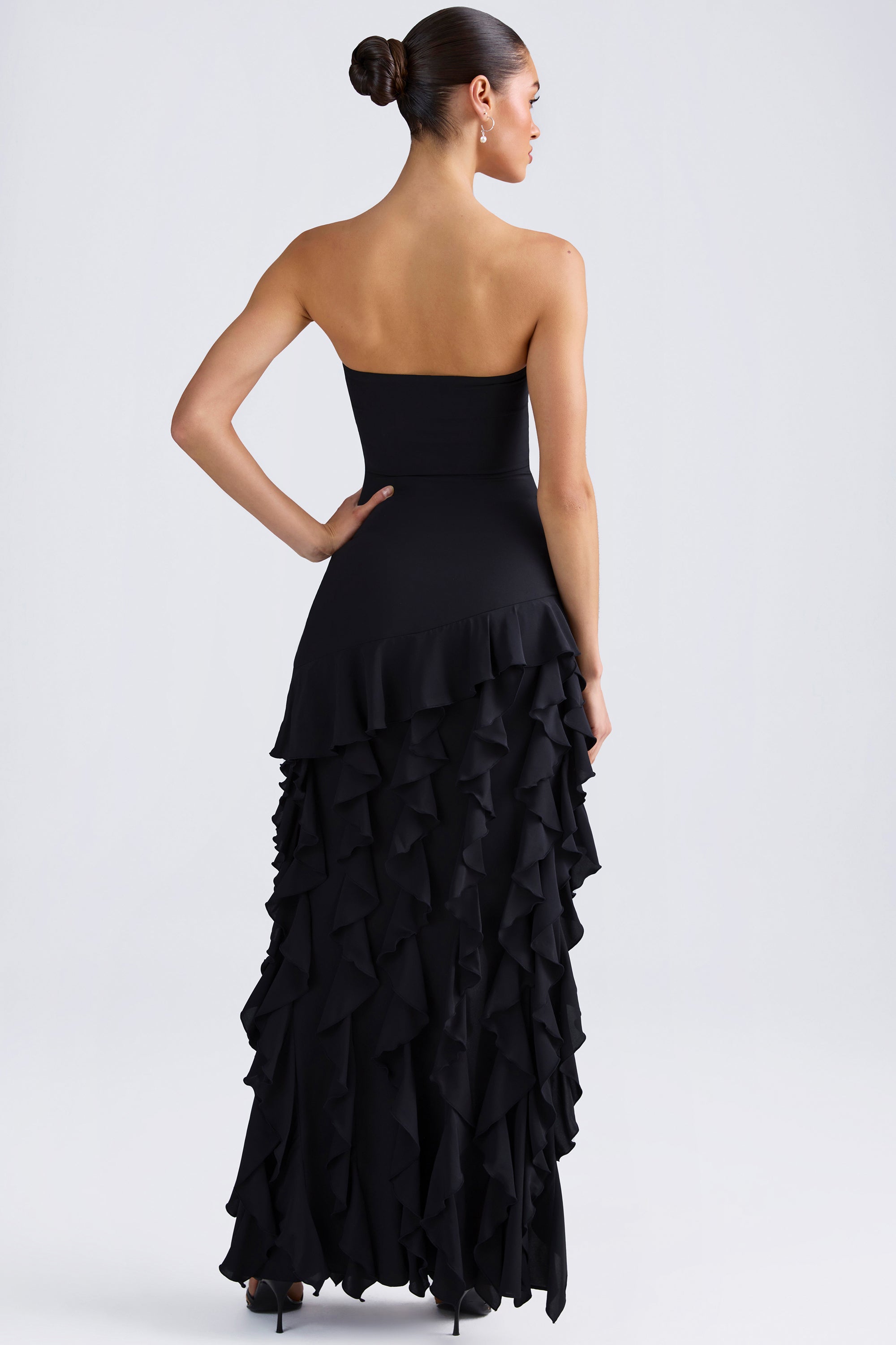 Ruffle-Trim Strapless Gown in Black