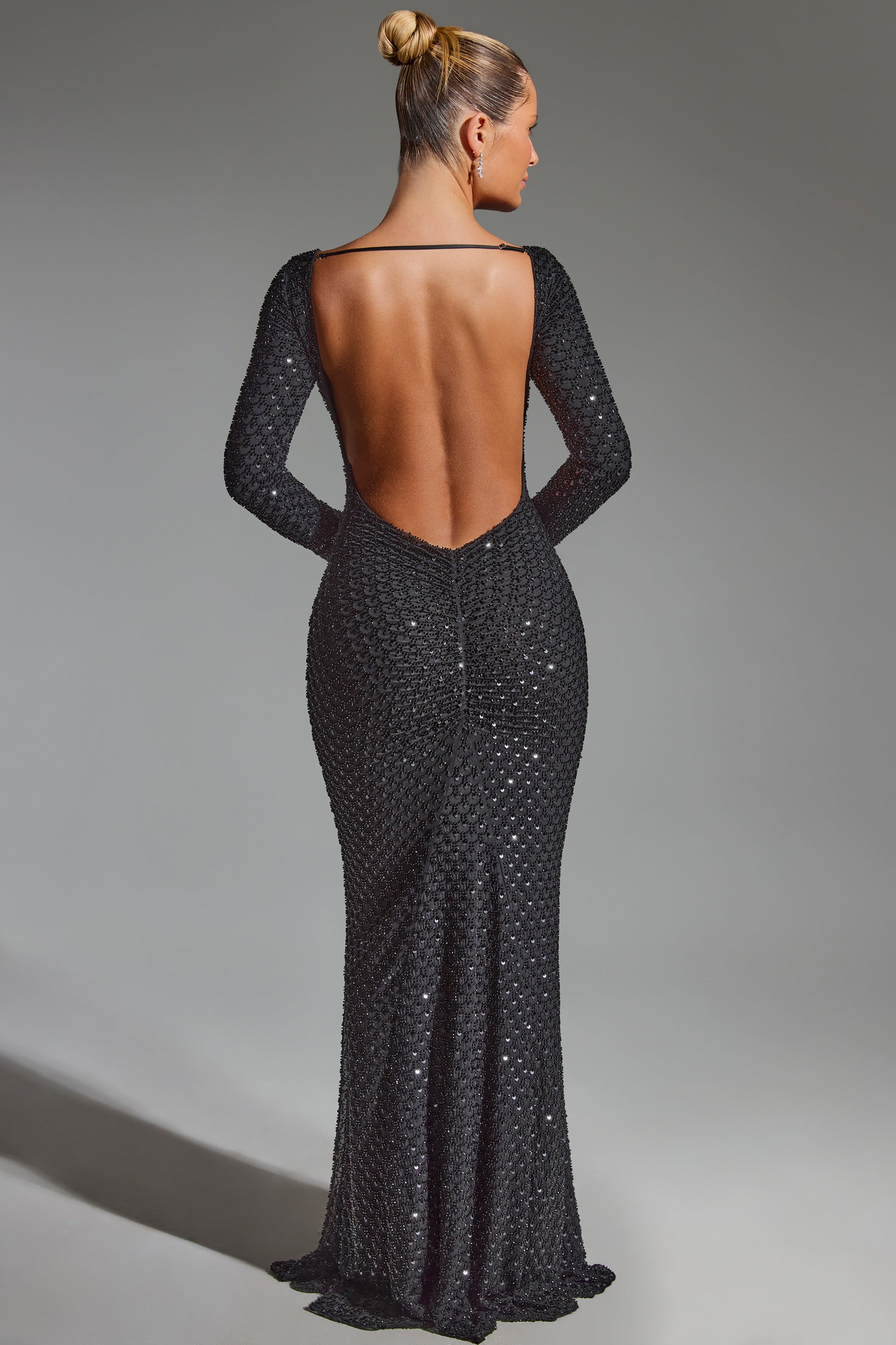 Embellished Open-Back Gown in Black