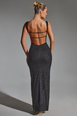 Embellished Open-Back Maxi Dress in Black