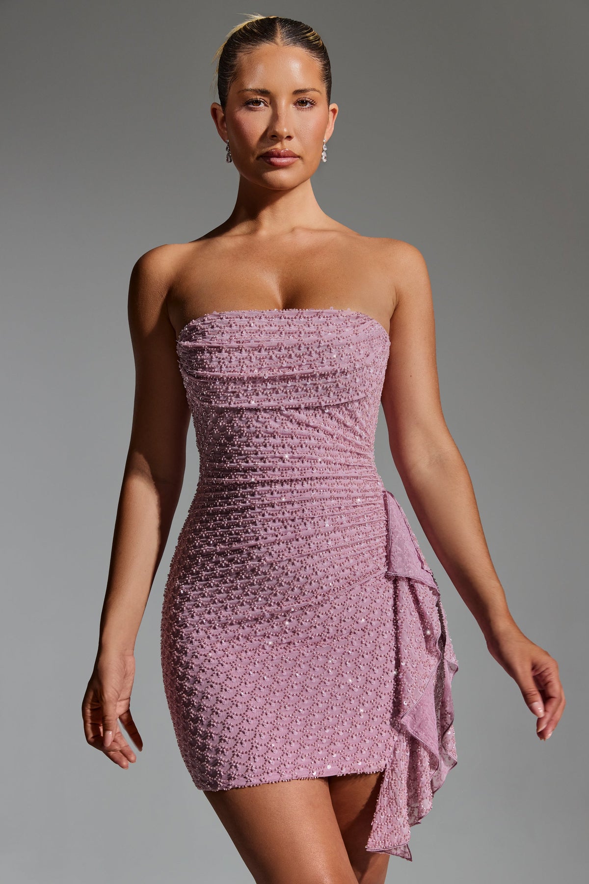 Embellished Ruffled Cowl-Neck Bandeau Mini Dress in Mauve