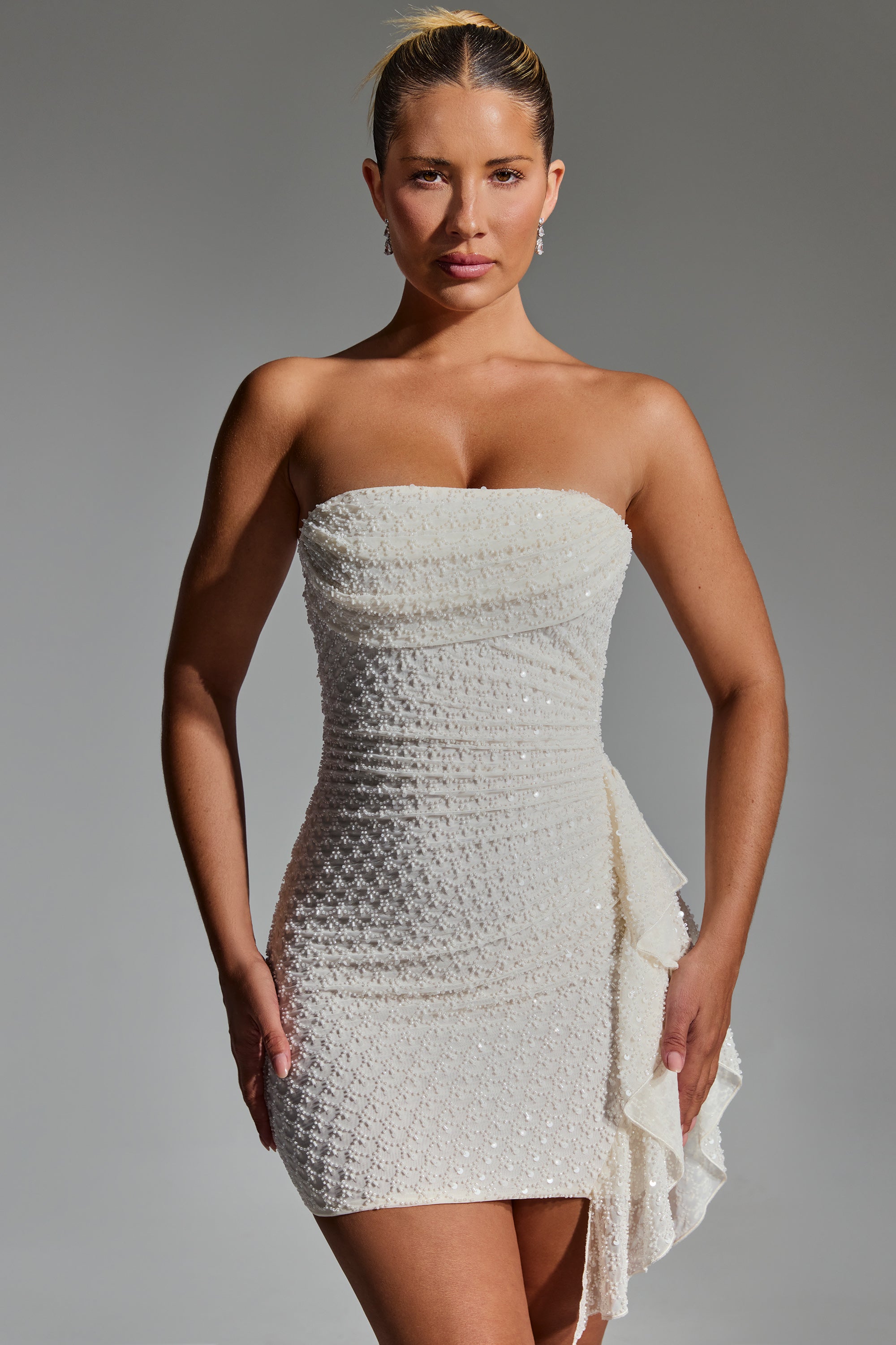 Embellished Ruffled Cowl-Neck Bandeau Mini Dress in White