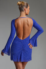 Embellished Open-Back A-Line Mini Dress in Cobalt Blue