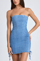 Bandeau Lace-Up Mini Dress in Mid Blue Stonewash