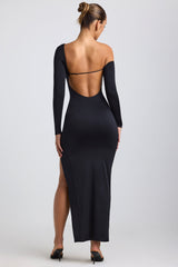 Slinky Jersey Asymmetric Ruched Hardware Detail Maxi Dress in Black