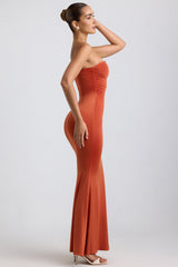 Slinky Jersey Hardware Detail Strapless Maxi Dress in Burnt Orange