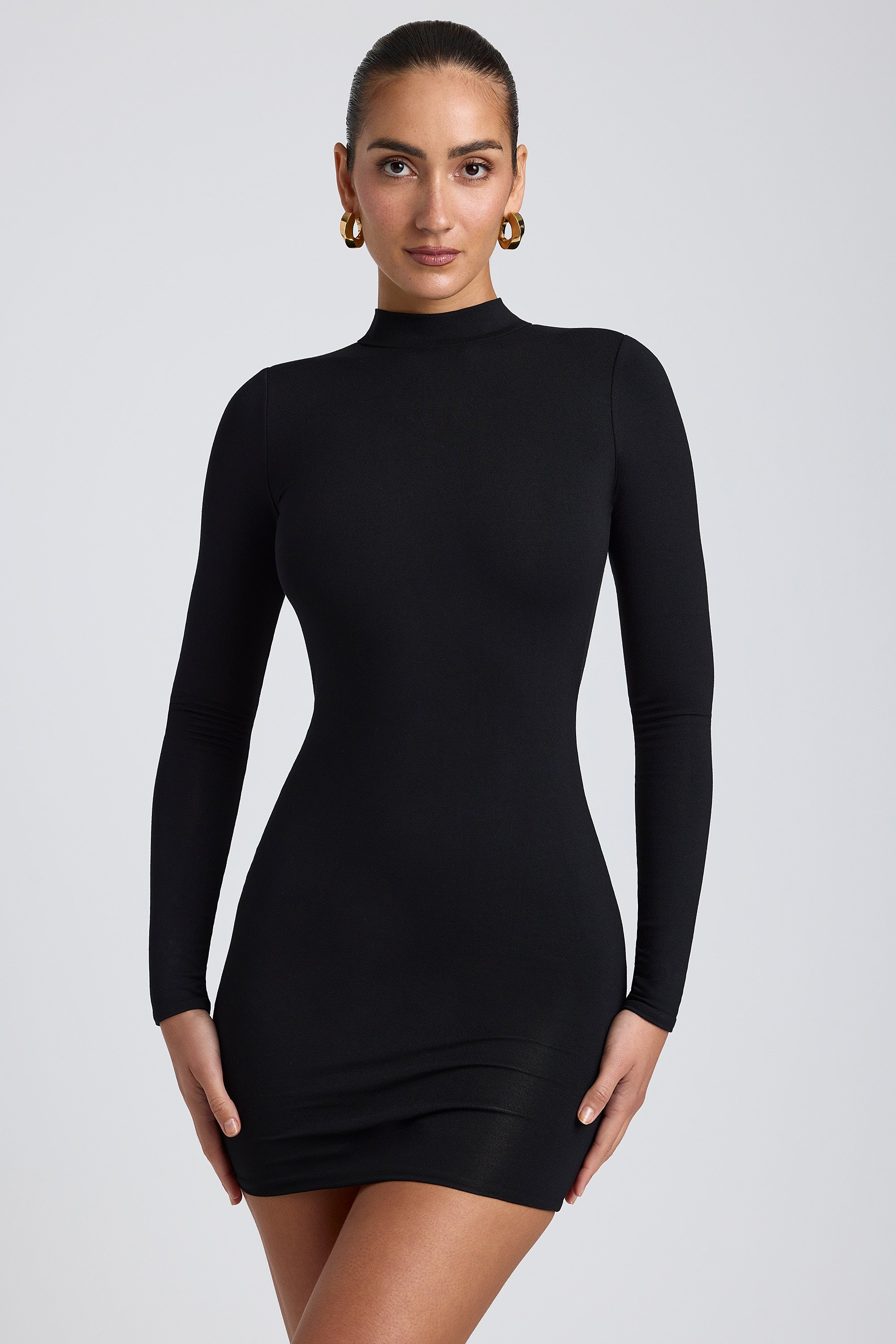 Modal Open-Back Long-Sleeve Mini Dress in Black