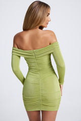 Hardware Detail Off-Shoulder Cut-Out Mini Dress in Olive Green