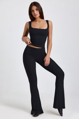 Ribbed Modal Mid-Rise Foldover Flared Trousers in Black