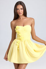 Bandeau Floral-Appliqué Corset Mini Dress in Lemon Sherbet