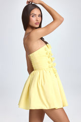 Bandeau Floral-Appliqué Corset Mini Dress in Lemon Sherbet