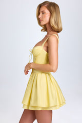 Pintucked Lace-Up Corset Mini Dress in Pastel Yellow