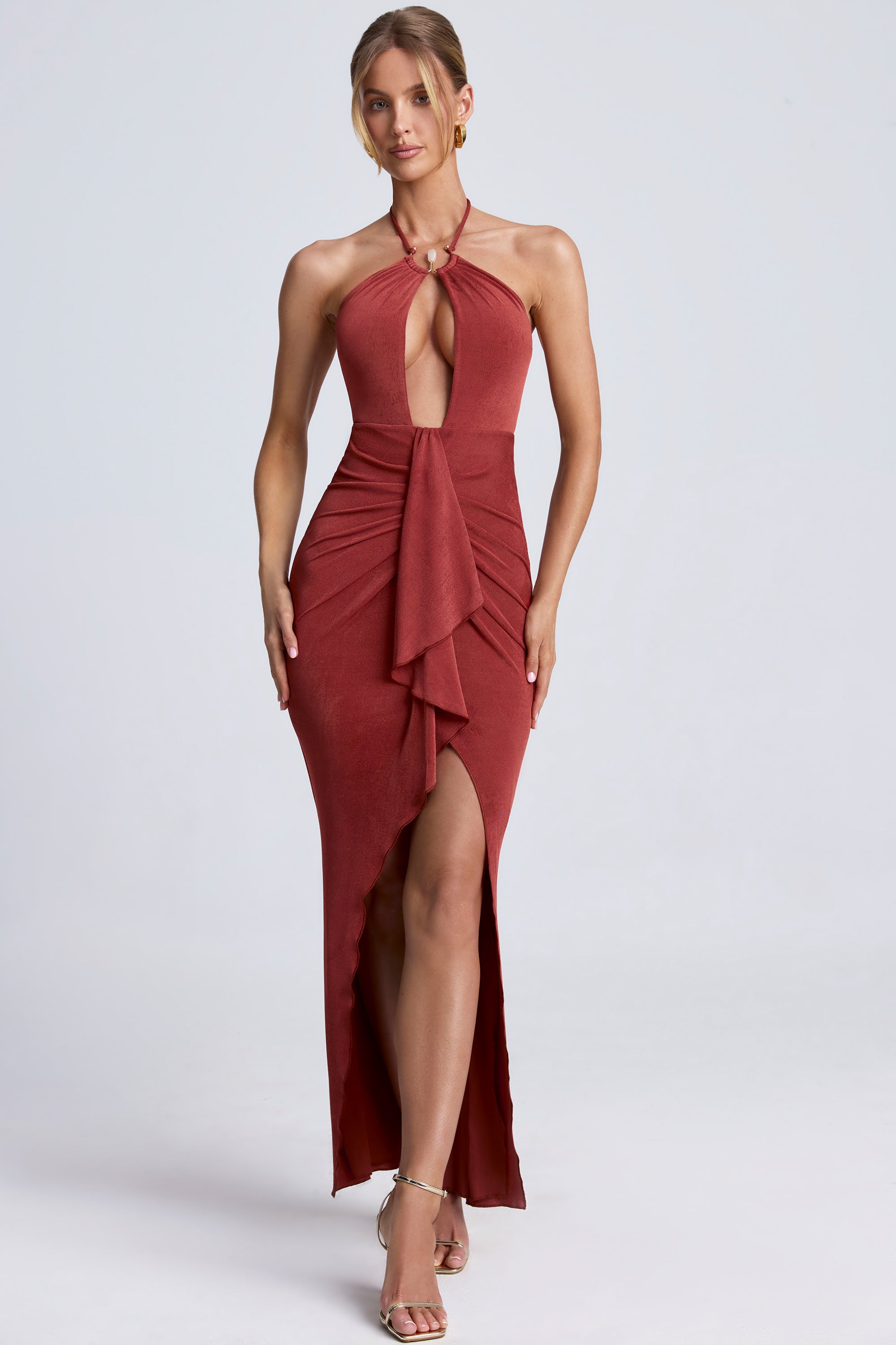 Hardware Detail Cut-Out Halterneck Maxi Dress in Auburn Brown