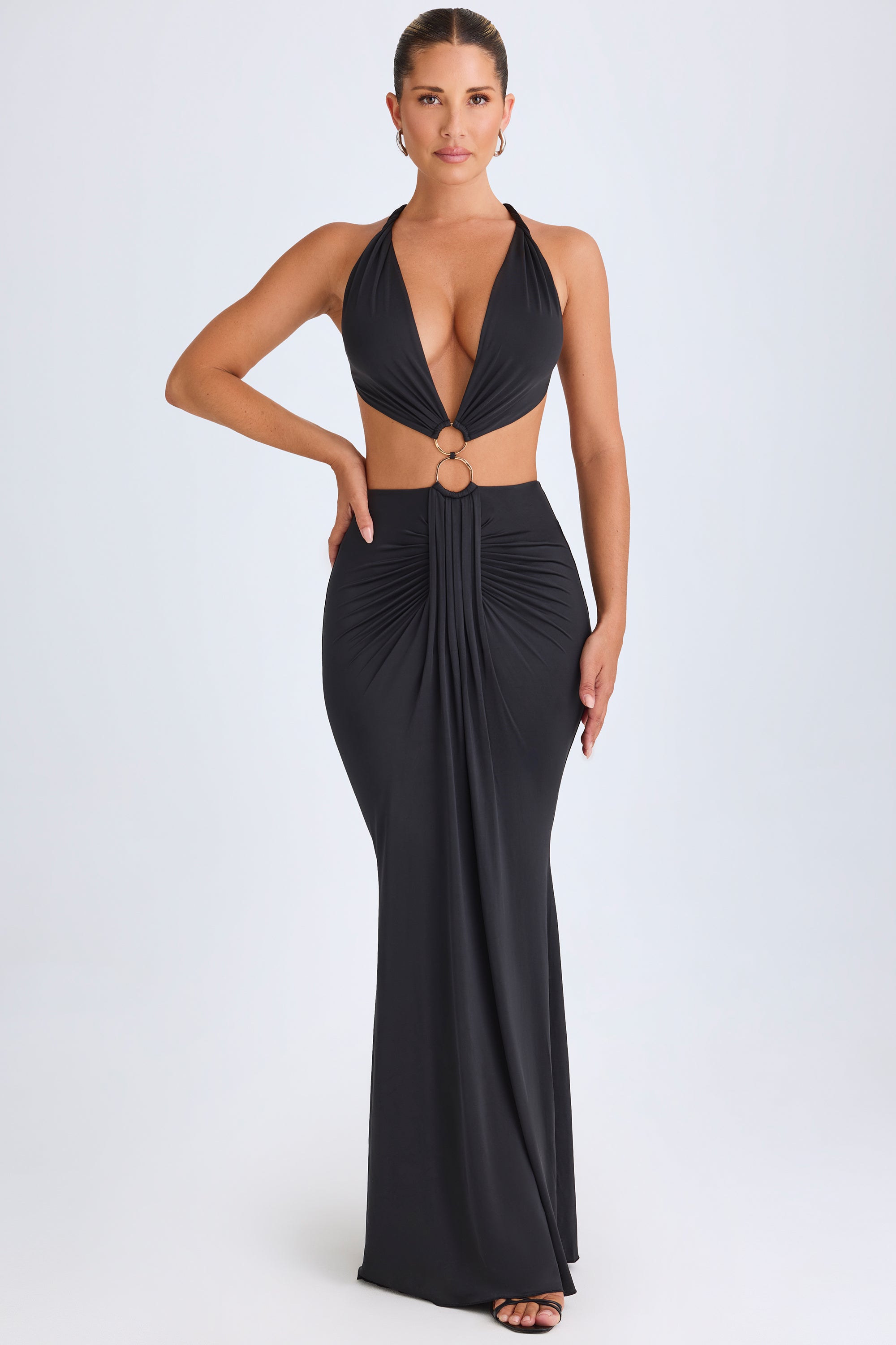 Hardware Detail Cut-Out Halterneck Maxi Dress in Black