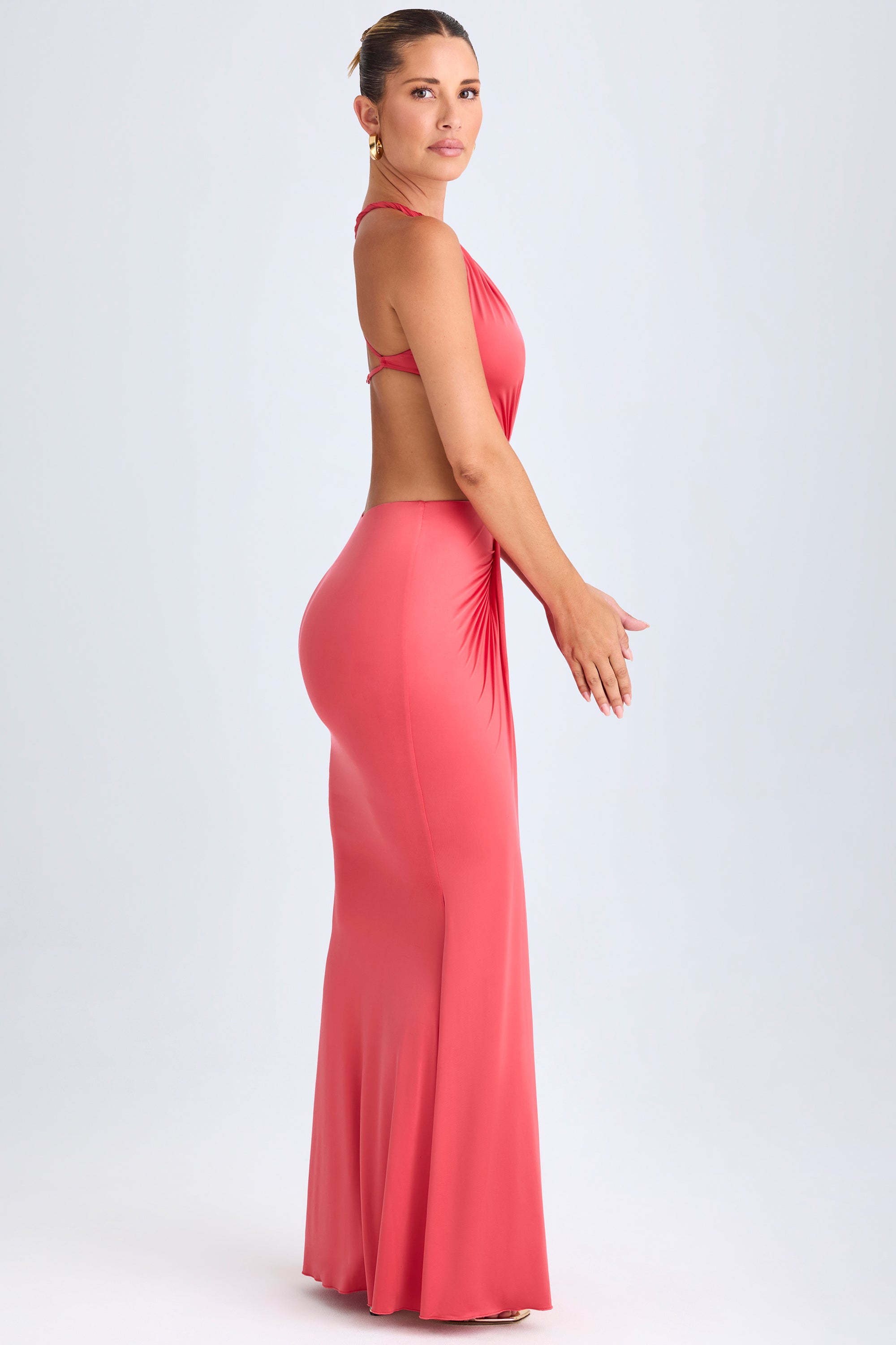 Hardware Detail Cut-Out Halterneck Maxi Dress in Coral