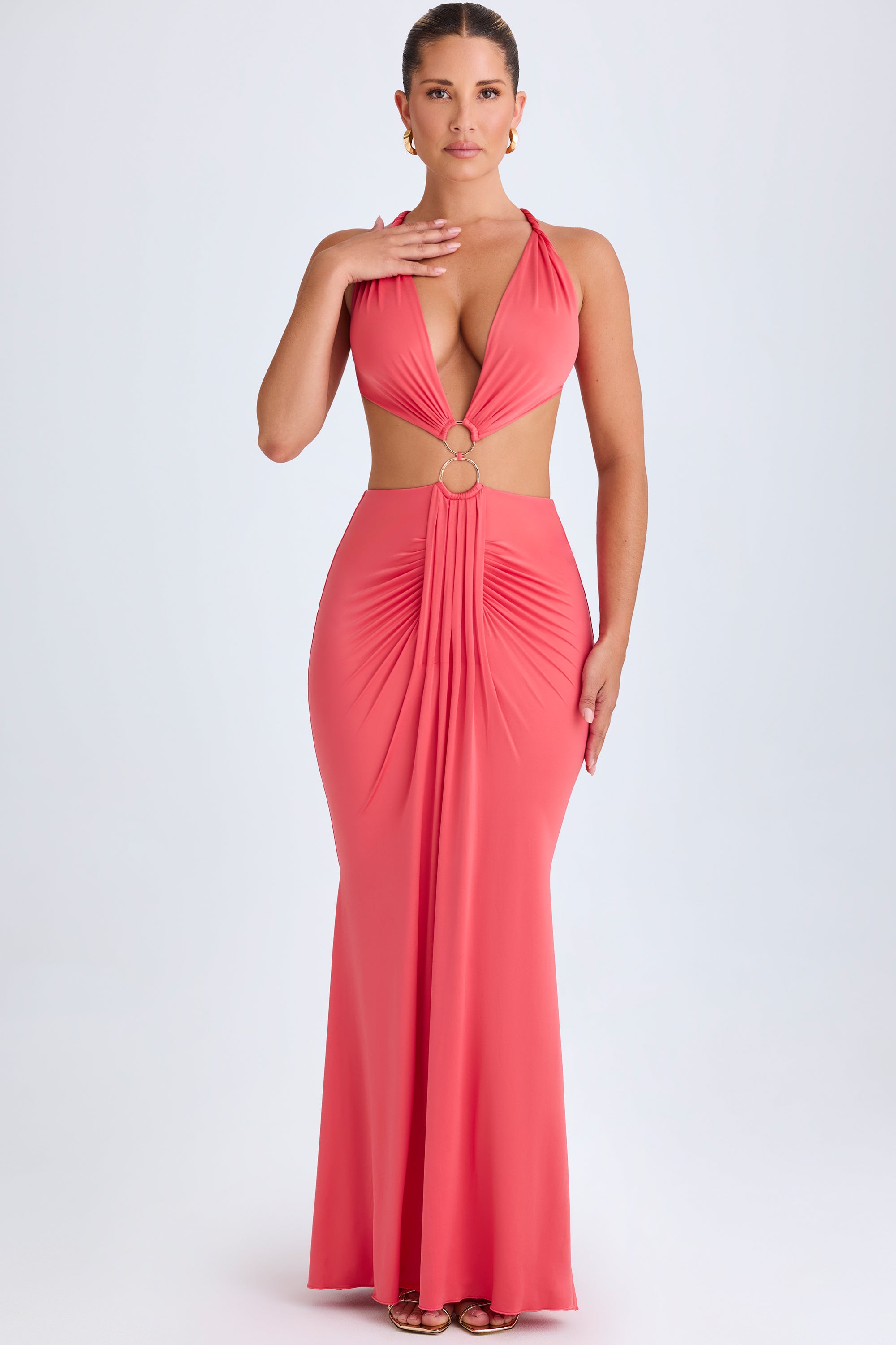 Hardware Detail Cut-Out Halterneck Maxi Dress in Coral