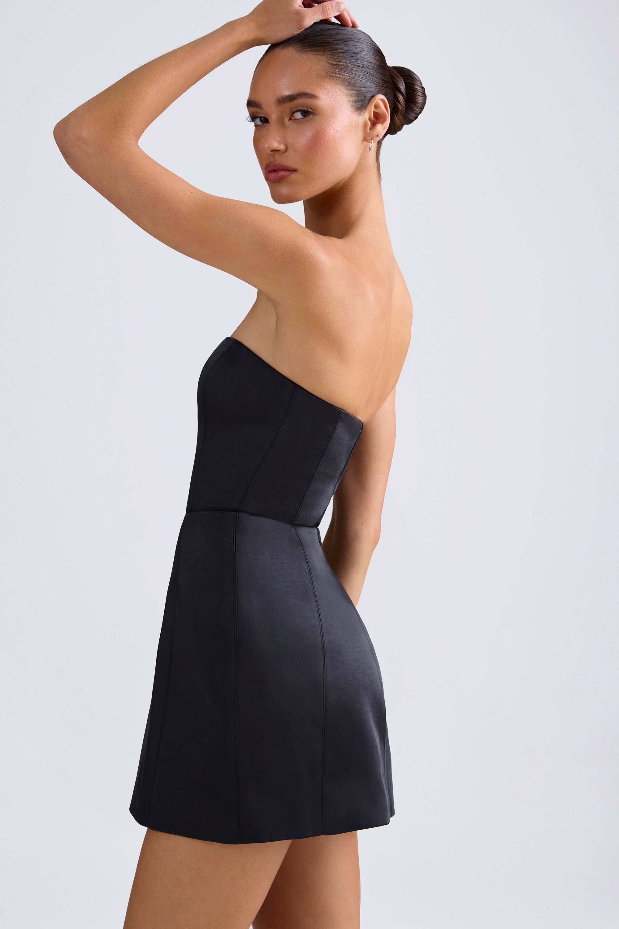 Bandeau Structured Tulip Mini Dress in Black