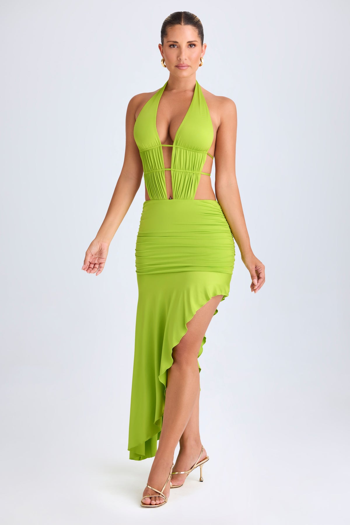 Asymmetric Cut-Out Halterneck Midaxi Dress in Lime Green