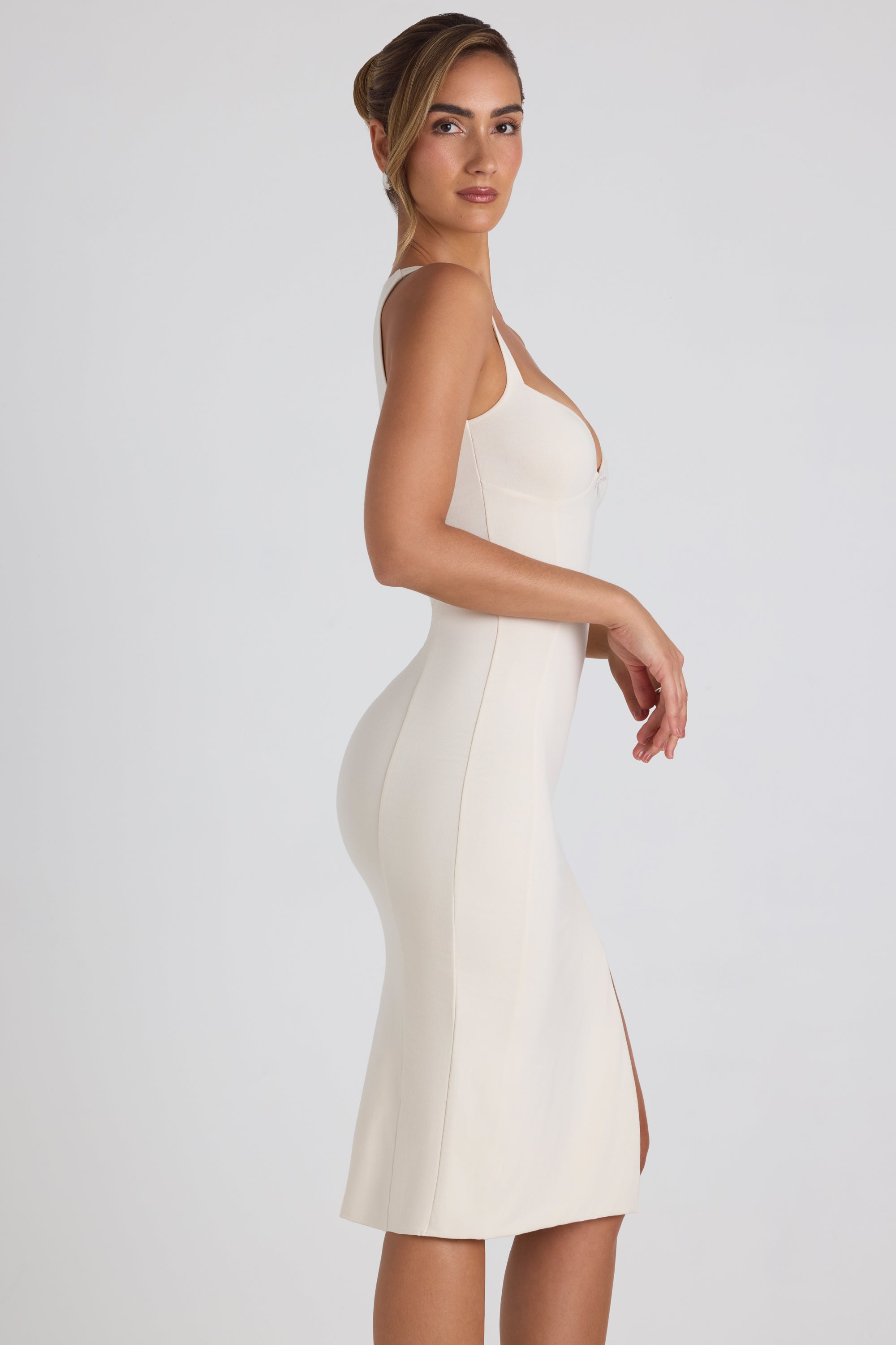 Modal Bow-Detail Sweetheart-Neck Midi Dress in Ivory