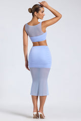 Sheer Panelled Draped Midaxi Skirt in Periwinkle Blue