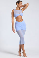 Sheer Panelled Draped Midaxi Skirt in Periwinkle Blue