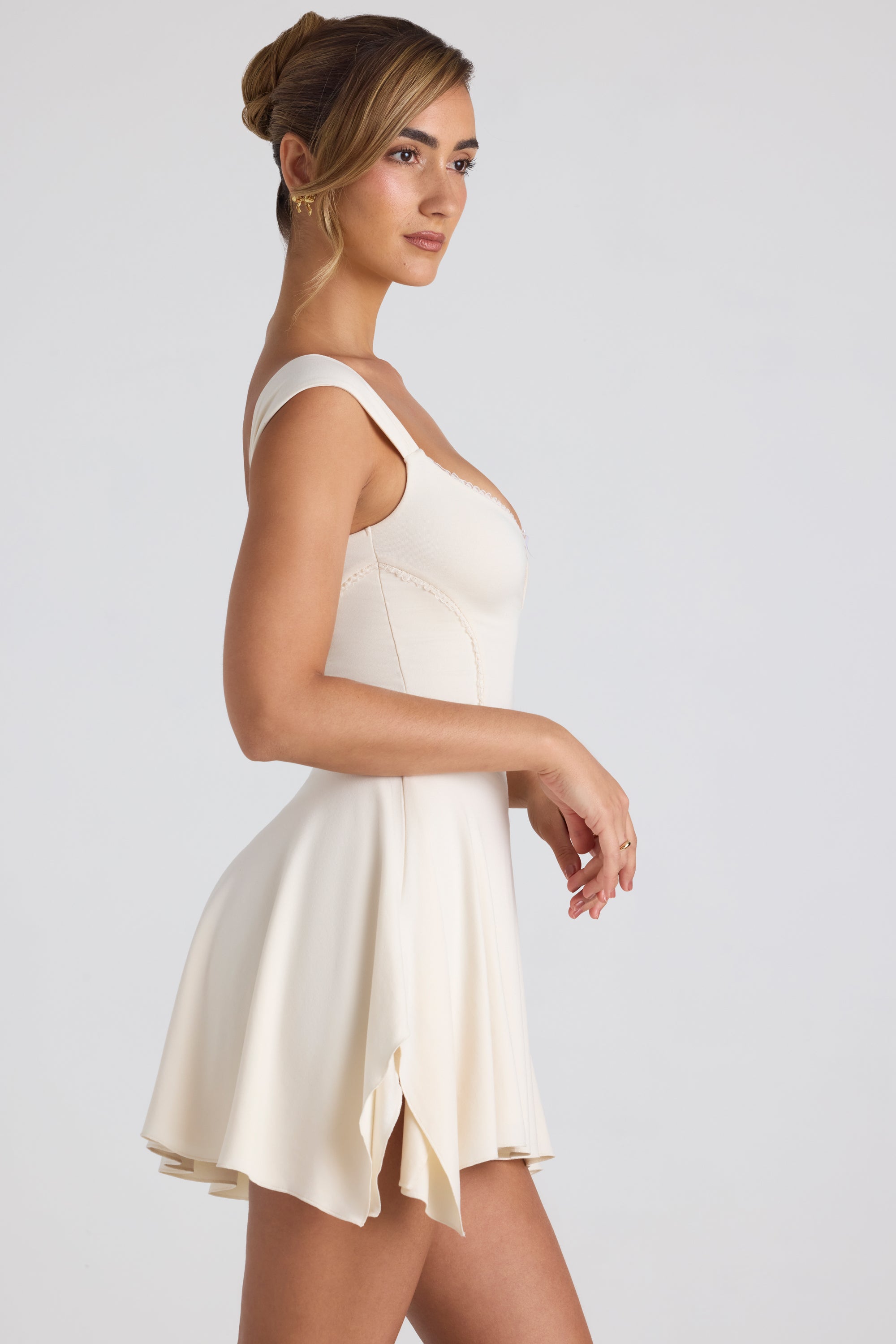 Modal Asymmetric Lace-Trim A-Line Mini Dress in Ivory