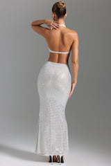 Embellished Cut-Out Halterneck Maxi Dress in White