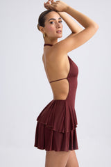 Ruffled Cut-Out Halterneck Mini Dress in Chestnut Brown