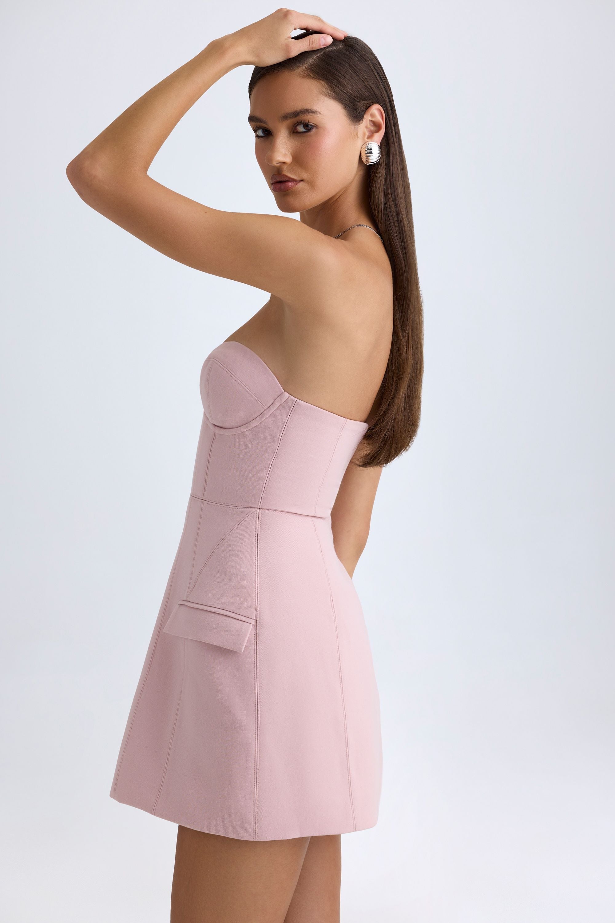 Strapless Structured Tulip Mini Dress in Pink Mauve