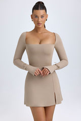 Modal Square-Neck A-Line Mini Dress in Taupe