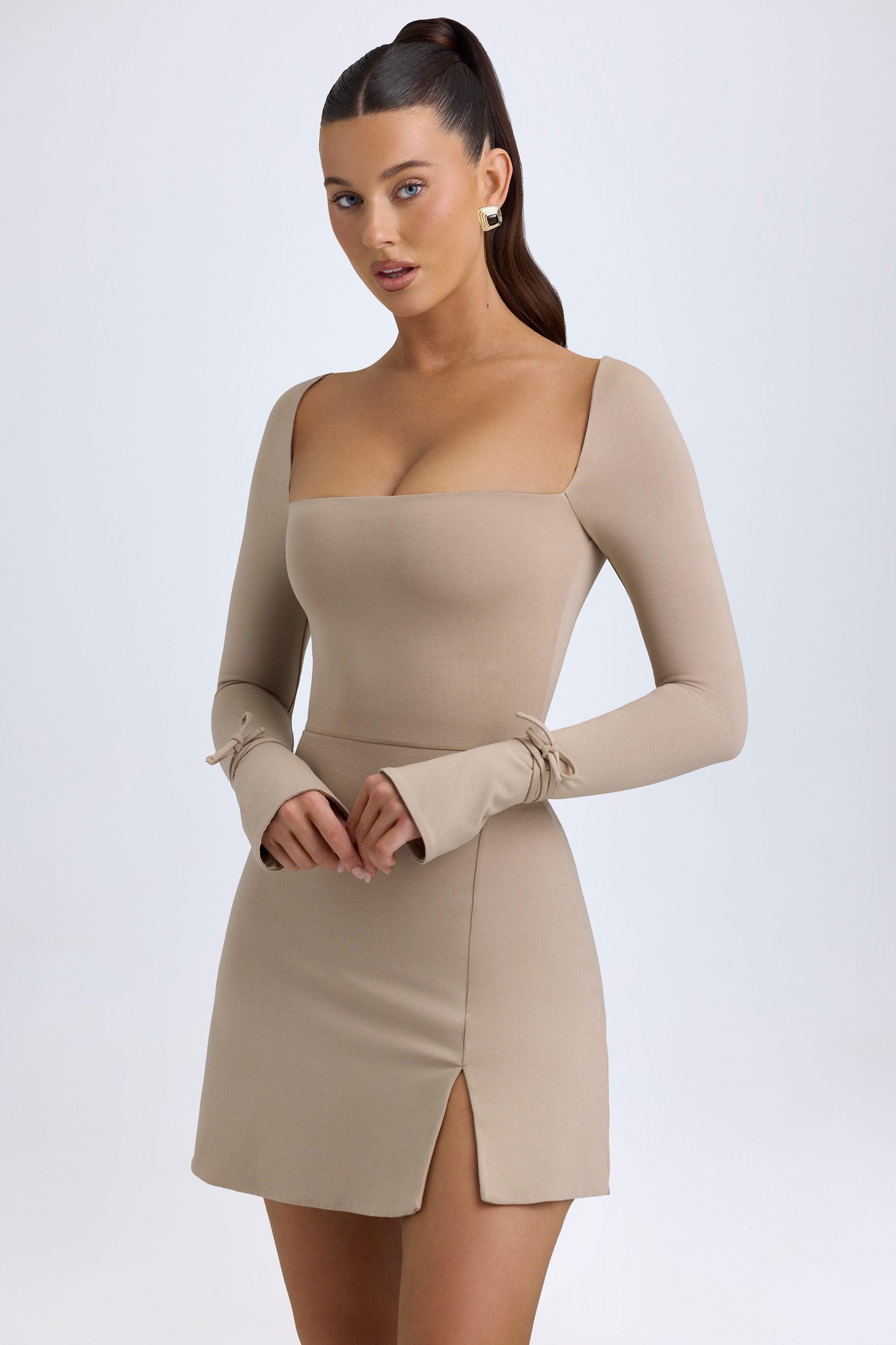 Modal Square-Neck A-Line Mini Dress in Taupe