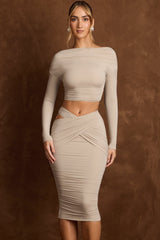 Cut-Out Draped High-Rise Midi Skirt in Light Grey