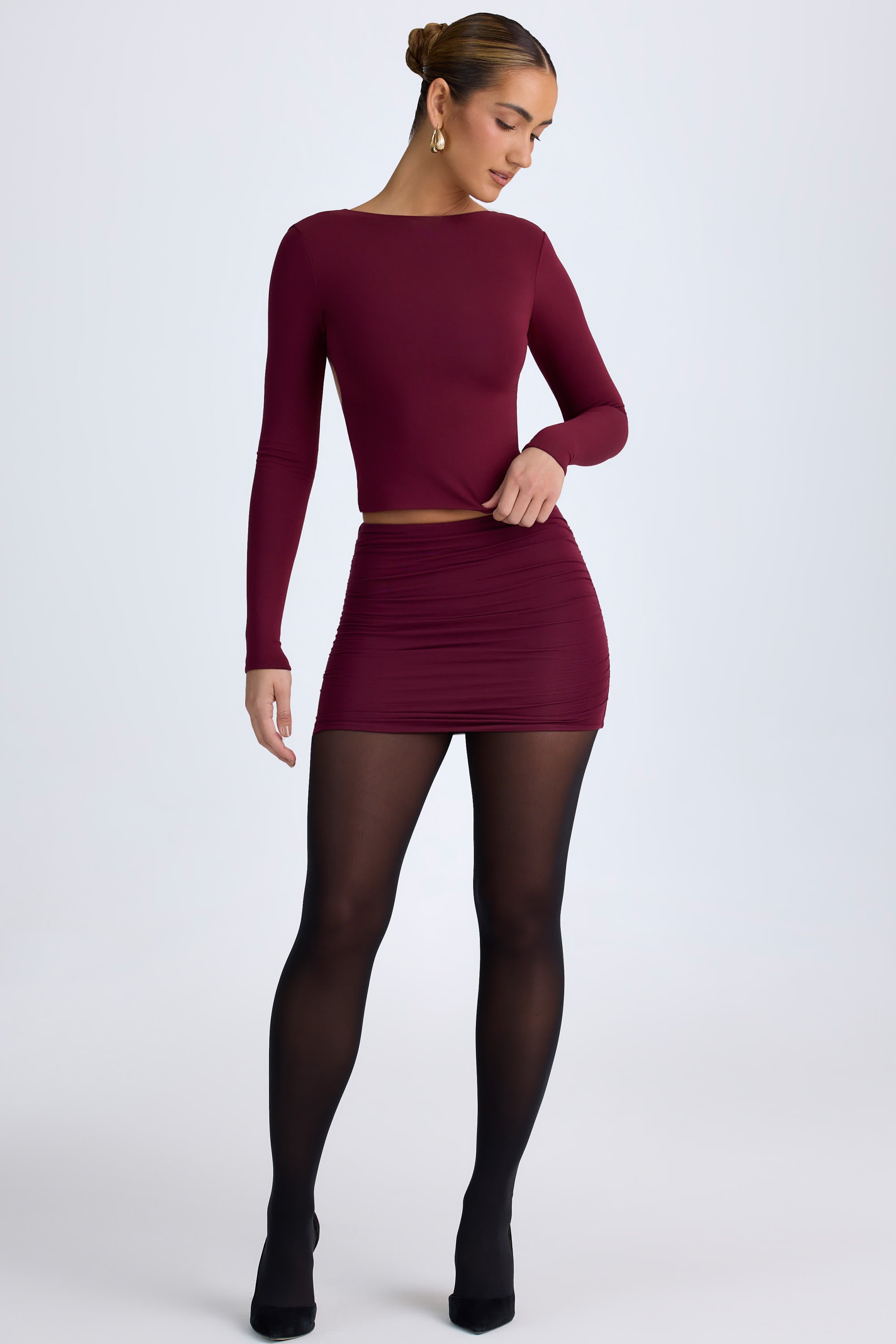 Modal Ruched Mid-Rise Mini Skirt in Wine Red